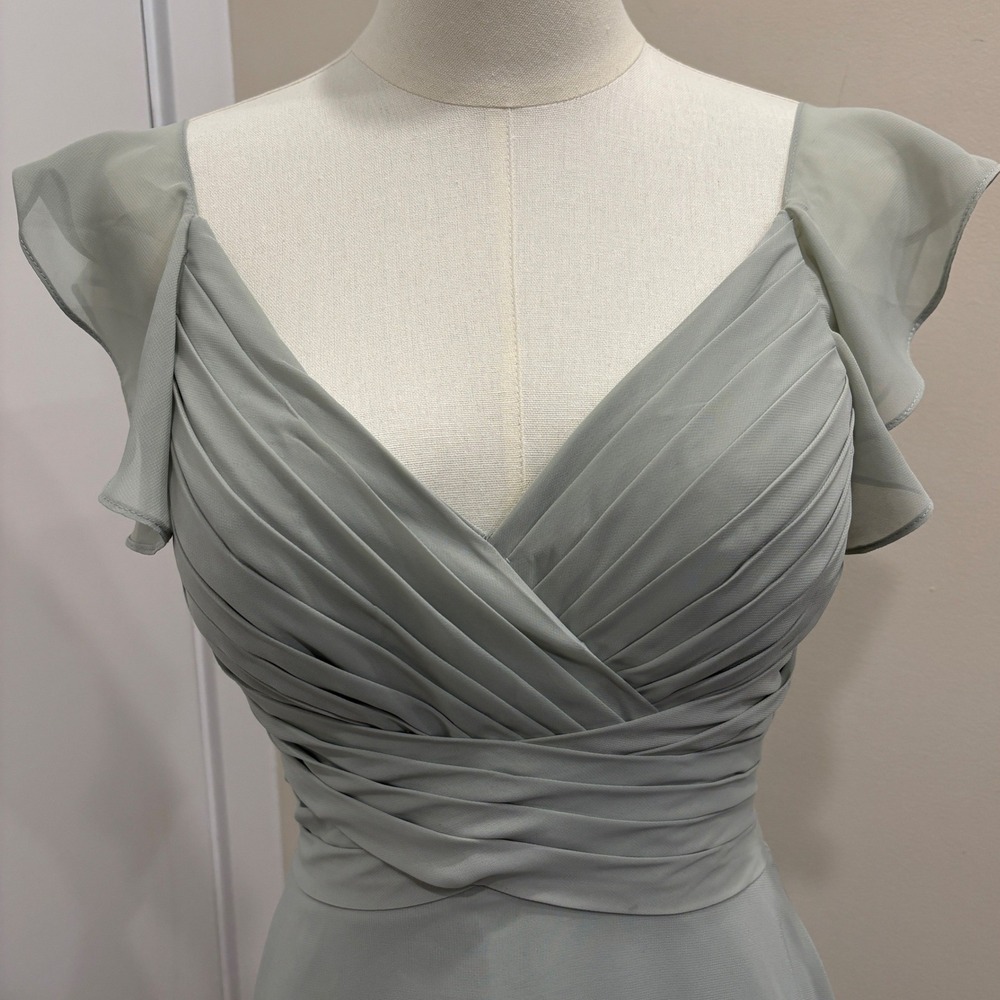 JJ's House Soft Sage Green Chiffon Pleated V-Neck Flutter Sleeve Gown Bridal XS - Picture 3 of 9